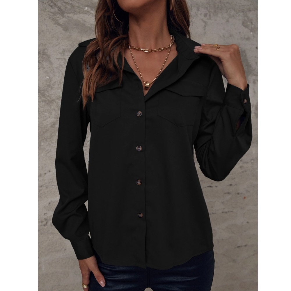 Black Casual Button Up / Down Shirt Collar, V-Neck Button Front Long Sleeve - Picture 3 of 6